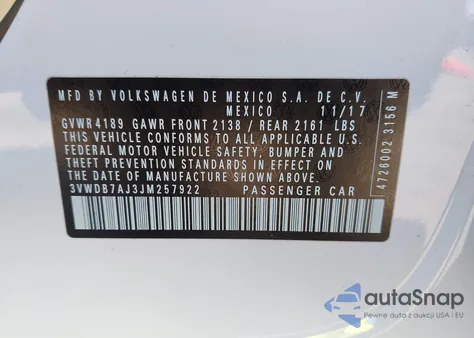 2018 Volkswagen Jetta 1.4T Se/1.4T Wolfsburg Edition z USA, uszkodzony, nr VIN 3VWDB7AJ3JM257922